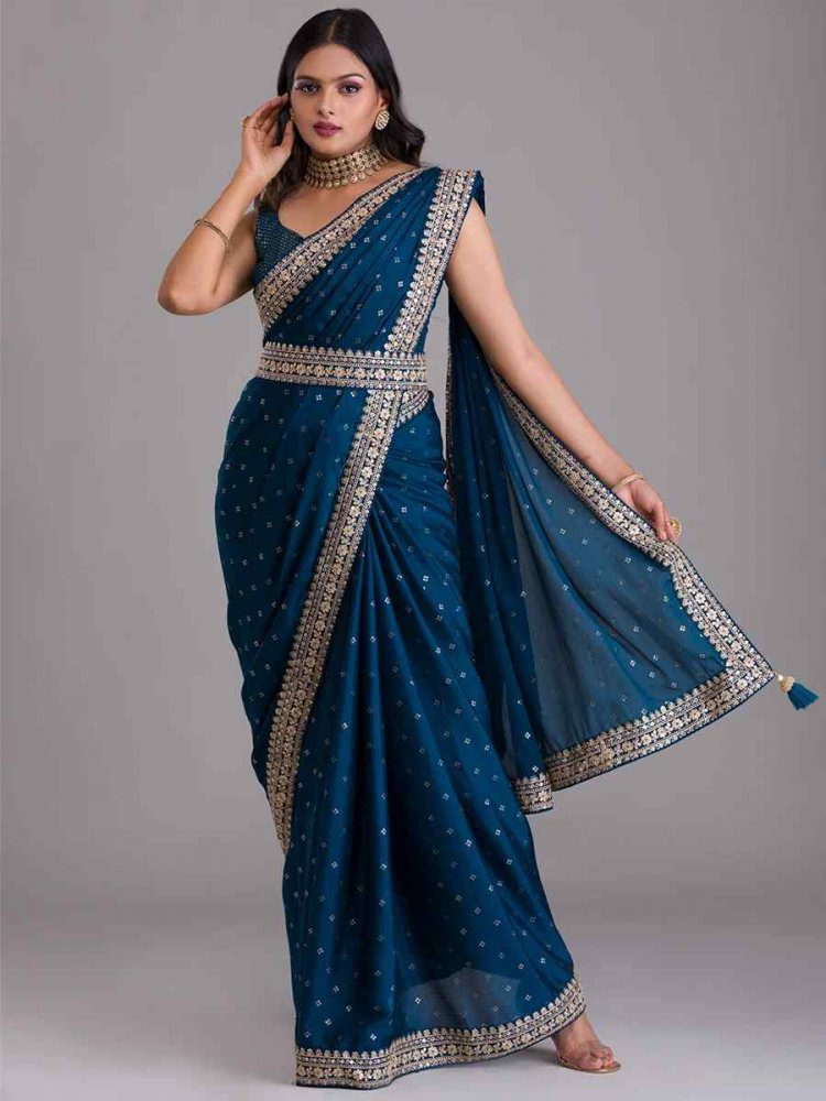 Teal Chinon Embroidered Reception Party Heavy Border Saree