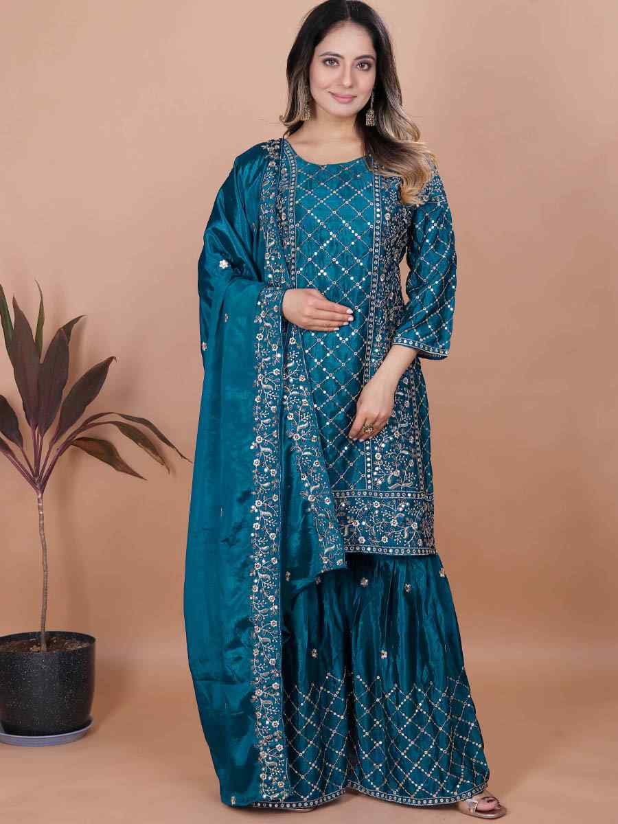 Teal Chinon Embroidery Party Wedding Festival Casual Ready Sharara Pant Salwar Kameez
