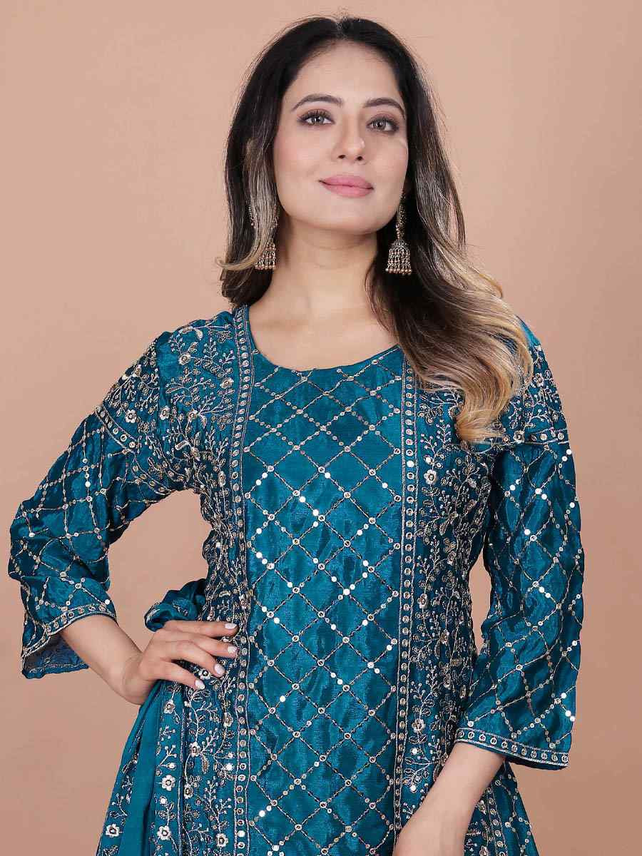 Teal Chinon Embroidery Party Wedding Festival Casual Ready Sharara Pant Salwar Kameez