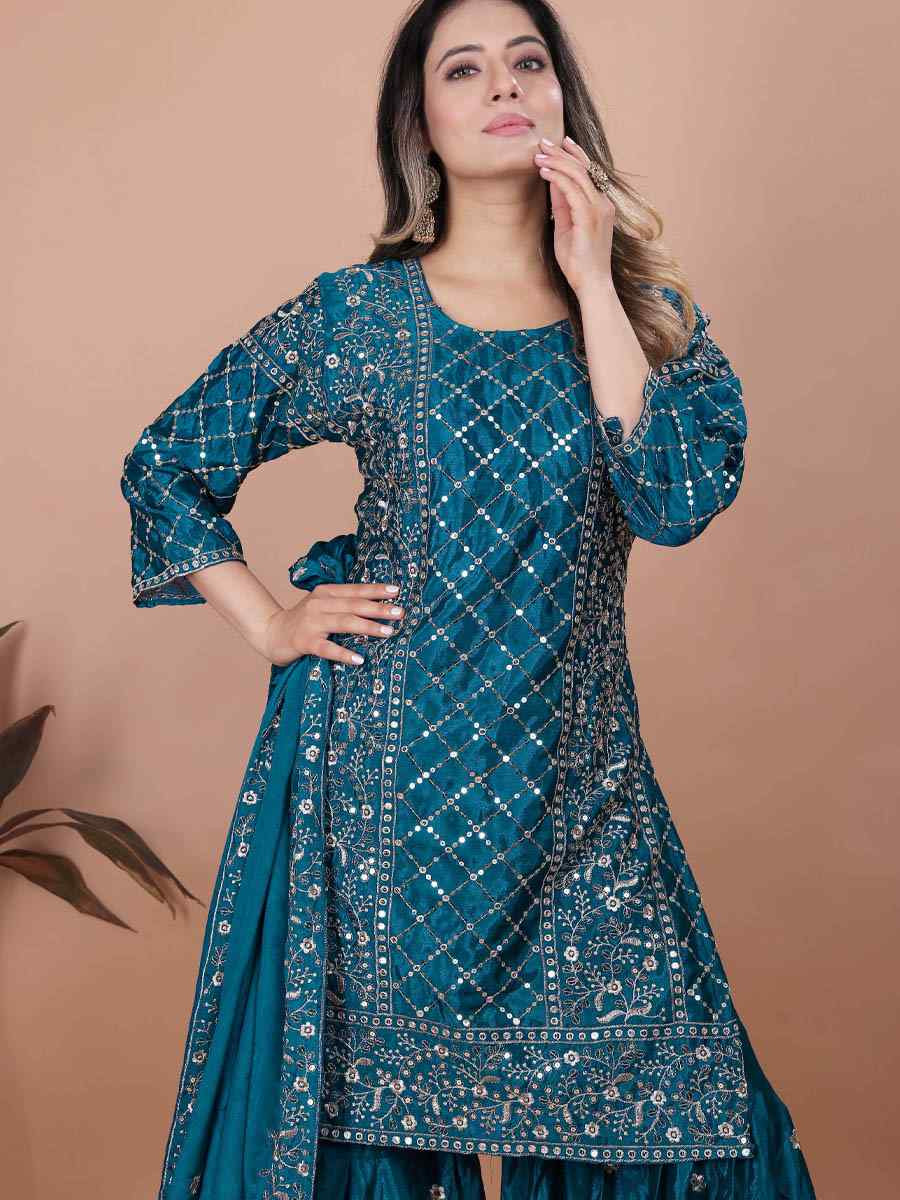 Teal Chinon Embroidery Party Wedding Festival Casual Ready Sharara Pant Salwar Kameez