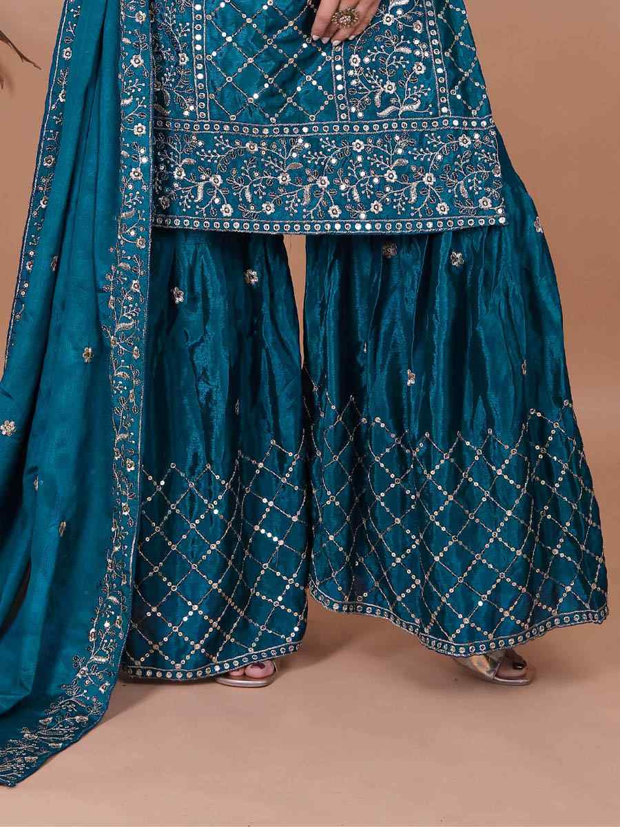 Teal Chinon Embroidery Party Wedding Festival Casual Ready Sharara Pant Salwar Kameez