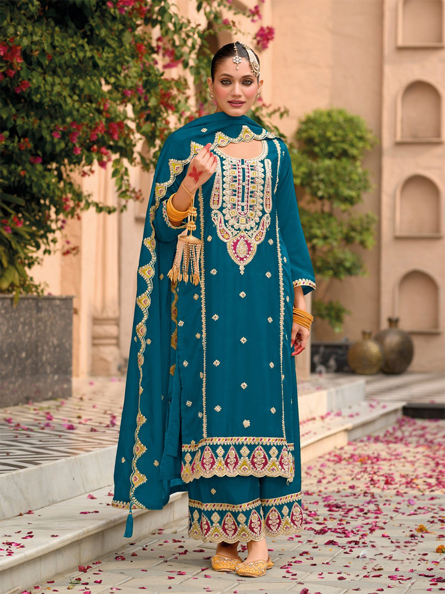 Teal Chinon Embroidery Wedding Party Festival Casual Palazzo Pant Salwar Kameez