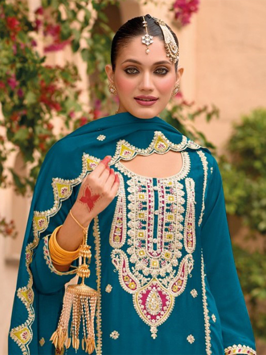 Teal Chinon Embroidery Wedding Party Festival Casual Palazzo Pant Salwar Kameez