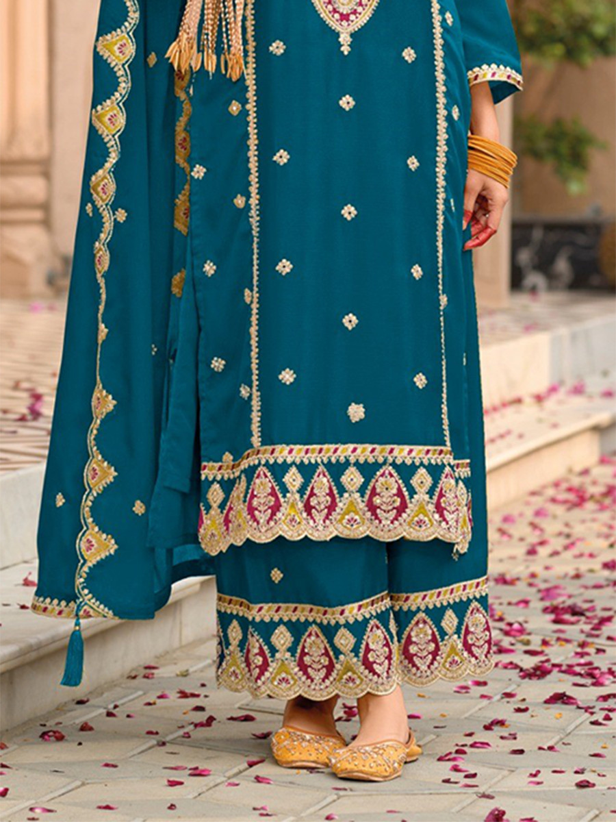 Teal Chinon Embroidery Wedding Party Festival Casual Palazzo Pant Salwar Kameez