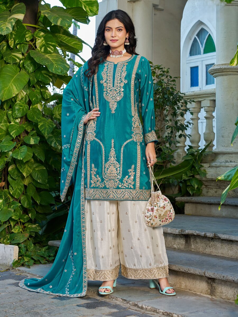 Teal Chinon Embroidery Zari Wedding Party Festival Casual Ready Palazzo Palazzo Pant Salwar Kameez