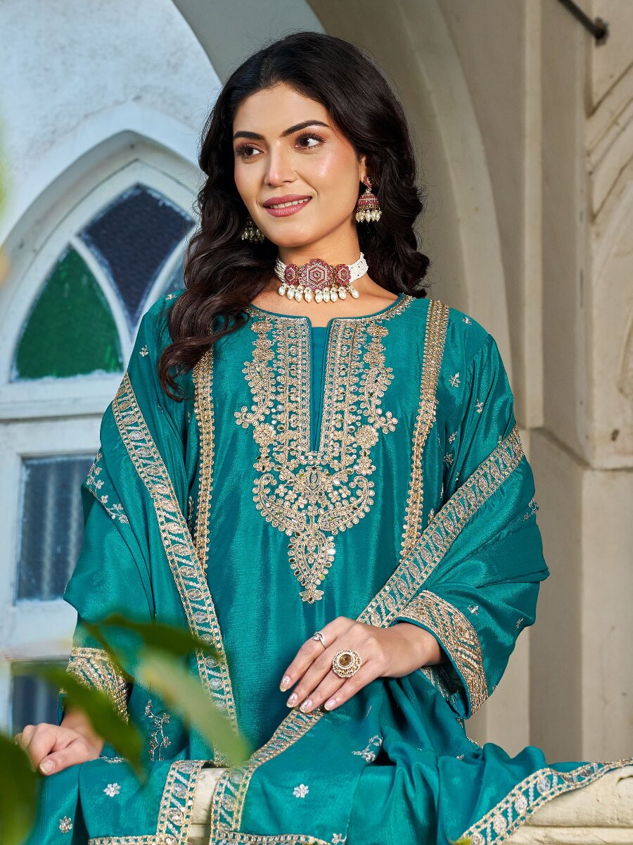 Teal Chinon Embroidery Zari Wedding Party Festival Casual Ready Palazzo Palazzo Pant Salwar Kameez