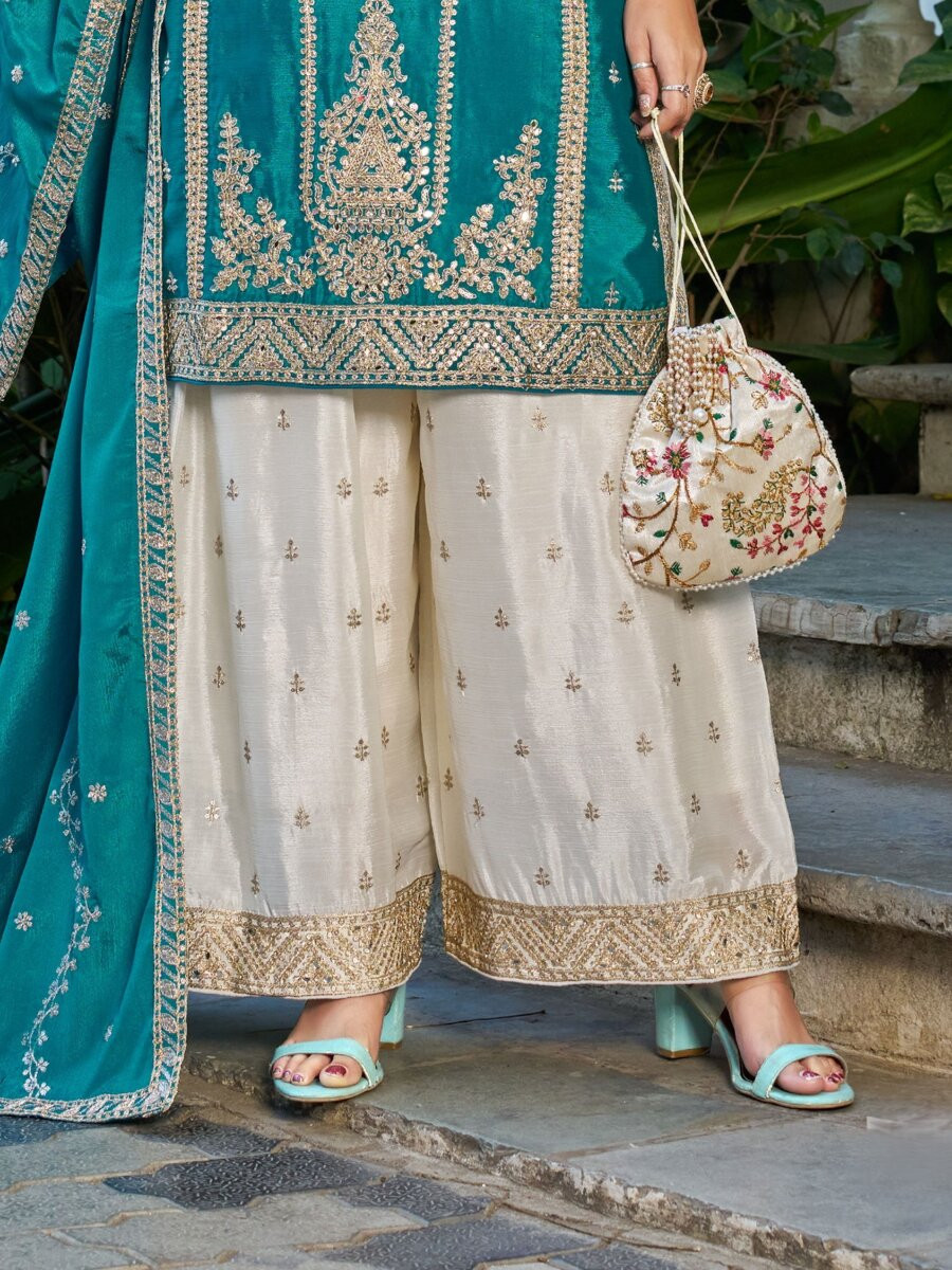 Teal Chinon Embroidery Zari Wedding Party Festival Casual Ready Palazzo Palazzo Pant Salwar Kameez