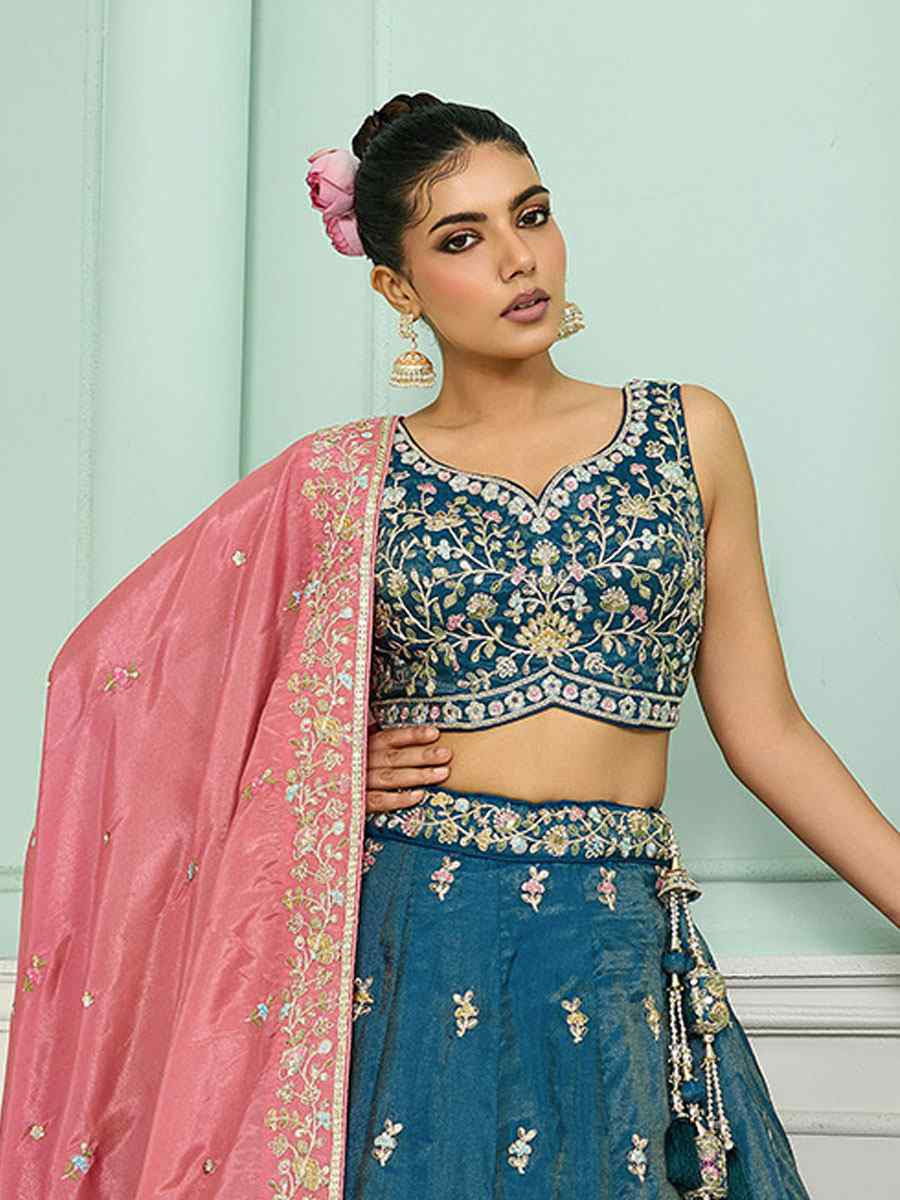 Teal Cosmos Silk Embroidered Wedding Reception Festival Heavy Border Lehenga Choli