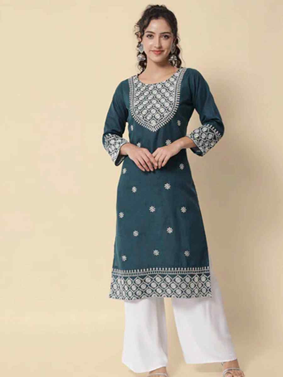 Teal Cotton Blend Embroidered Casual Festival Kurti