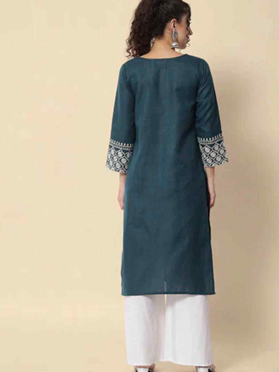 Teal Cotton Blend Embroidered Casual Festival Kurti