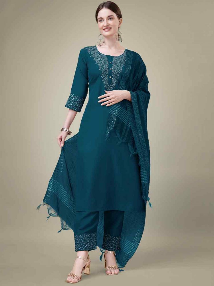 Teal Cotton Blend Embroidered Festival Casual Ready Pant Salwar Kameez