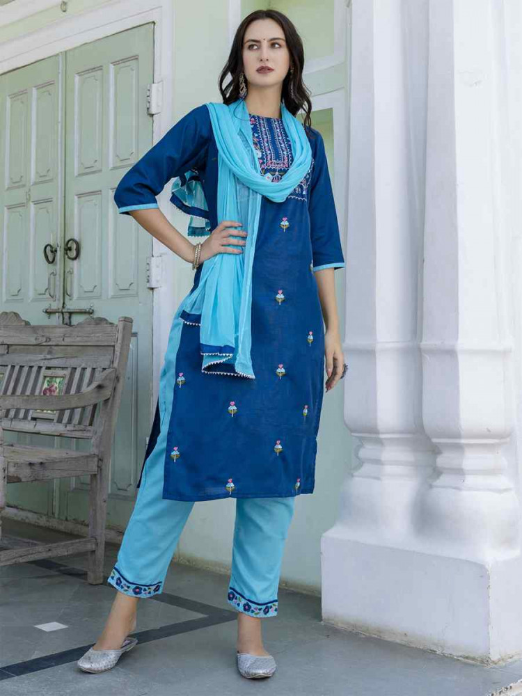 Image of Teal Cotton Blend Embroidery Party Wedding Festival Casual Ready Pant Salwar Kameez
