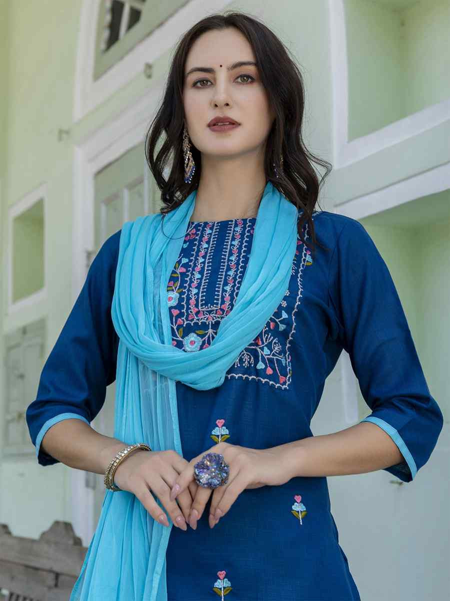 Teal Cotton Blend Embroidery Party Wedding Festival Casual Ready Pant Salwar Kameez