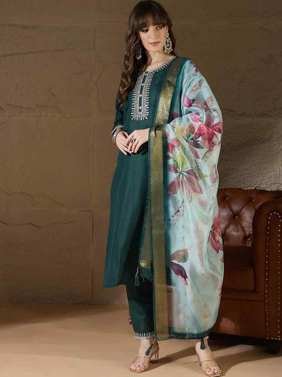 Teal Cotton Blend Embroidery Party Wedding Festival Casual Ready Pant Salwar Kameez