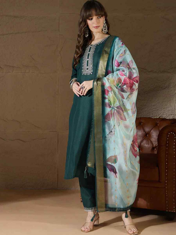 Image of Teal Cotton Blend Embroidery Party Wedding Festival Casual Ready Pant Salwar Kameez