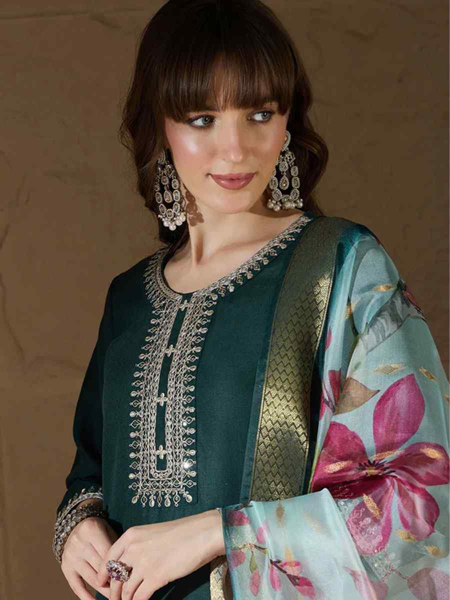 Teal Cotton Blend Embroidery Party Wedding Festival Casual Ready Pant Salwar Kameez