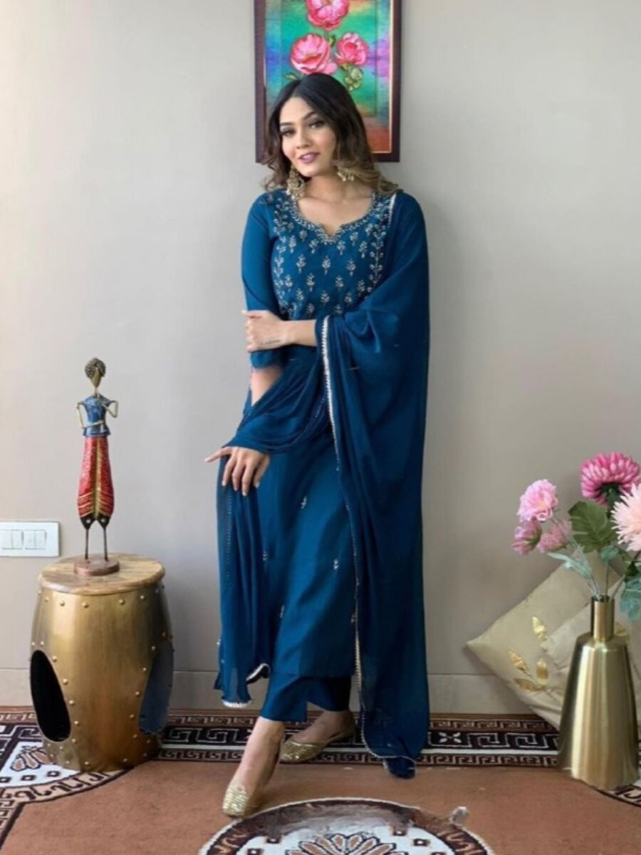Teal Cotton Blend Embroidery Wedding Party Festival Casual Ready Pant Salwar Kameez