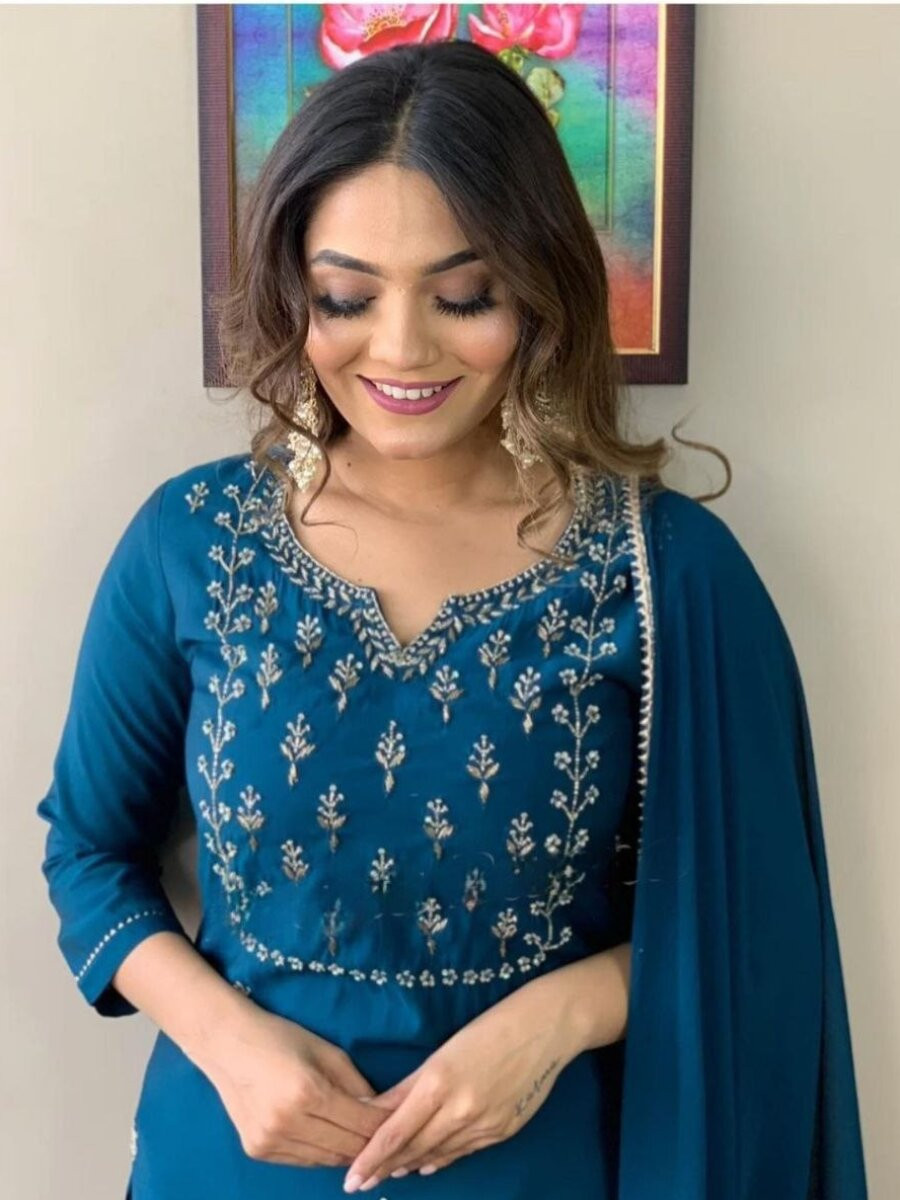 Teal Cotton Blend Embroidery Wedding Party Festival Casual Ready Pant Salwar Kameez