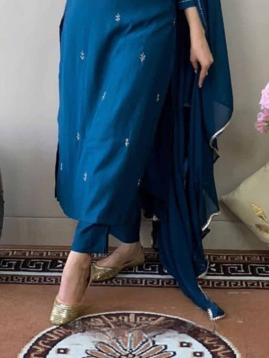 Teal Cotton Blend Embroidery Wedding Party Festival Casual Ready Pant Salwar Kameez