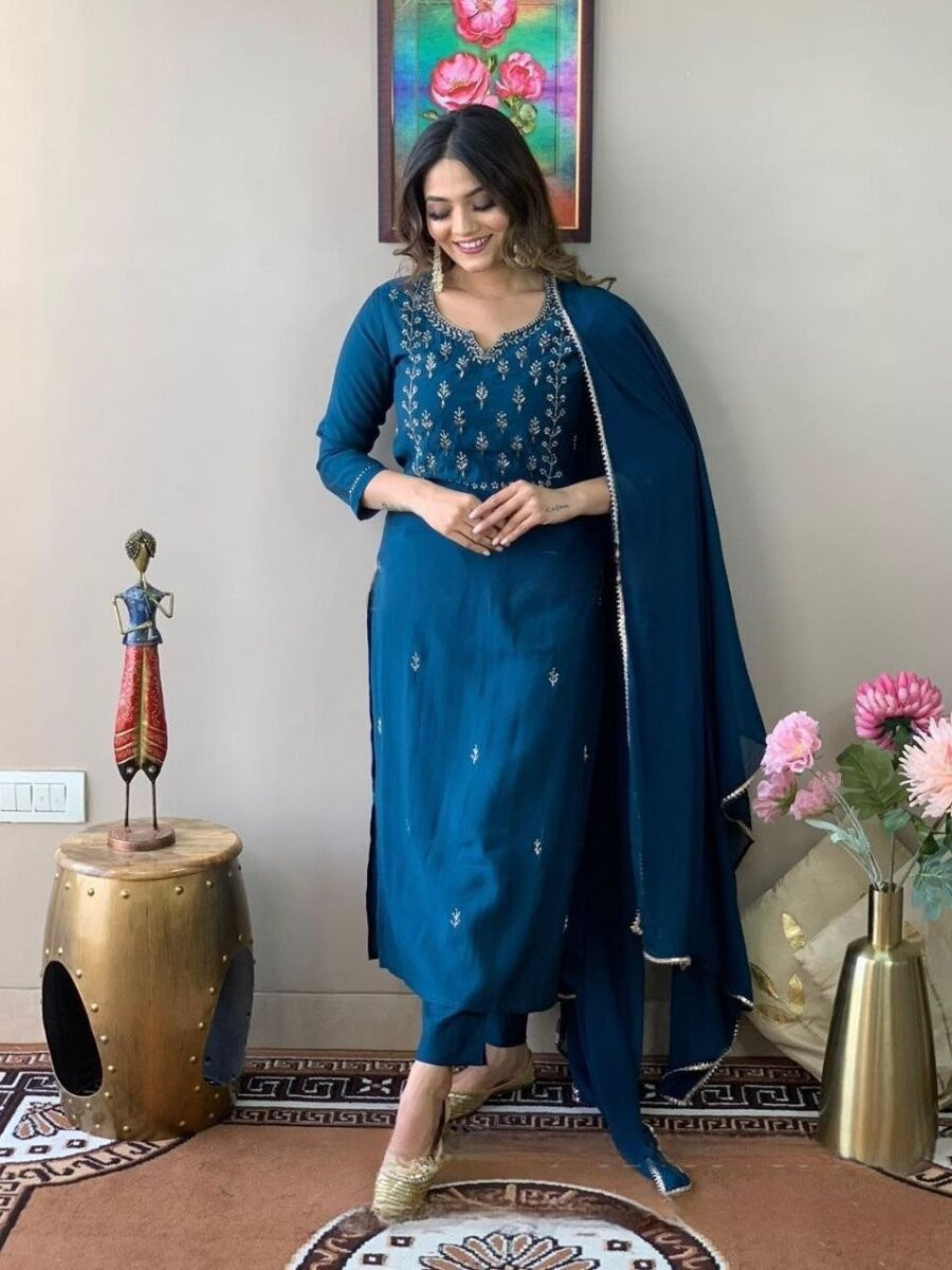 Teal Cotton Blend Embroidery Wedding Party Festival Casual Ready Pant Salwar Kameez