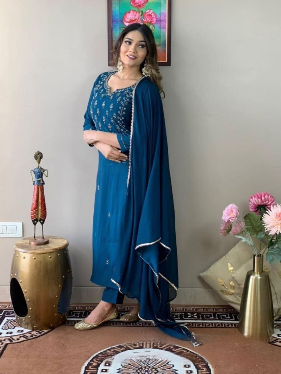 Teal Cotton Blend Embroidery Wedding Party Festival Casual Ready Pant Salwar Kameez