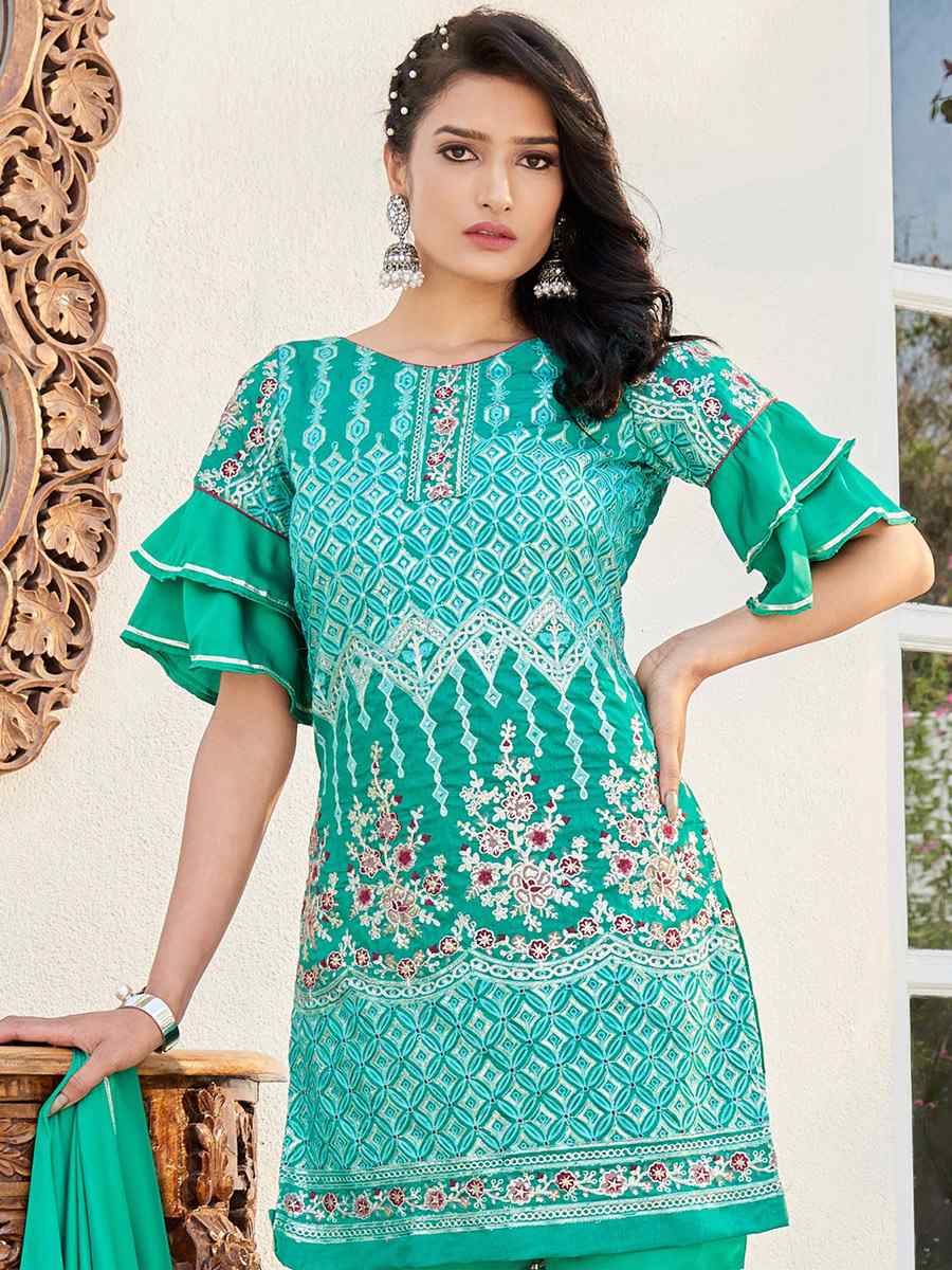 Teal Cotton Handwoven Festival Palazzo Pant Salwar Kameez
