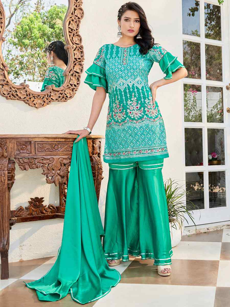 Teal Cotton Handwoven Festival Palazzo Pant Salwar Kameez