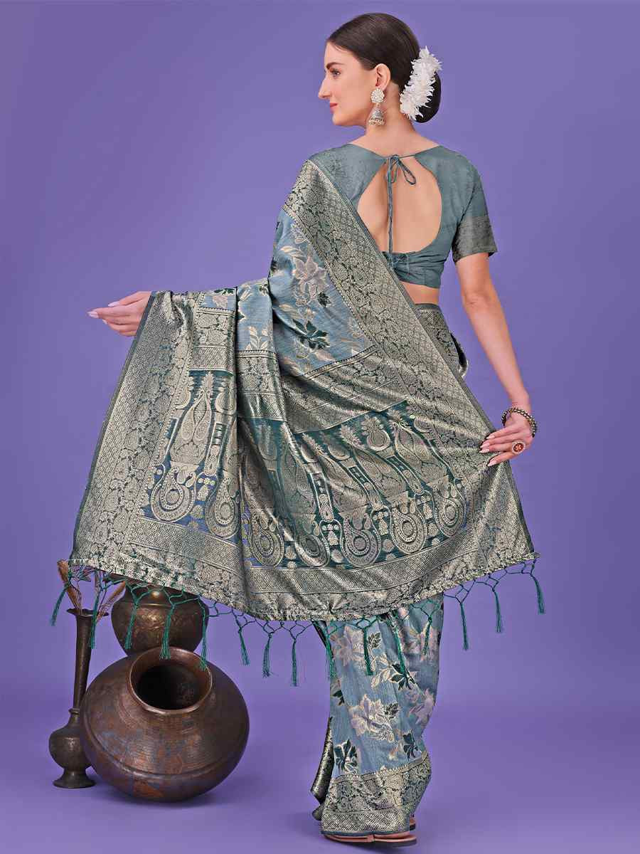 Teal Cotton Handwoven Festival Wedding Fancy Heavy Border Saree