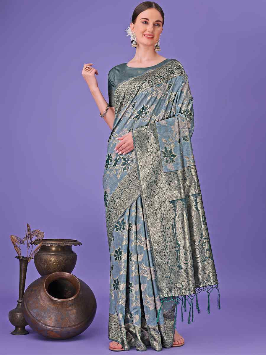 Teal Cotton Handwoven Festival Wedding Fancy Heavy Border Saree