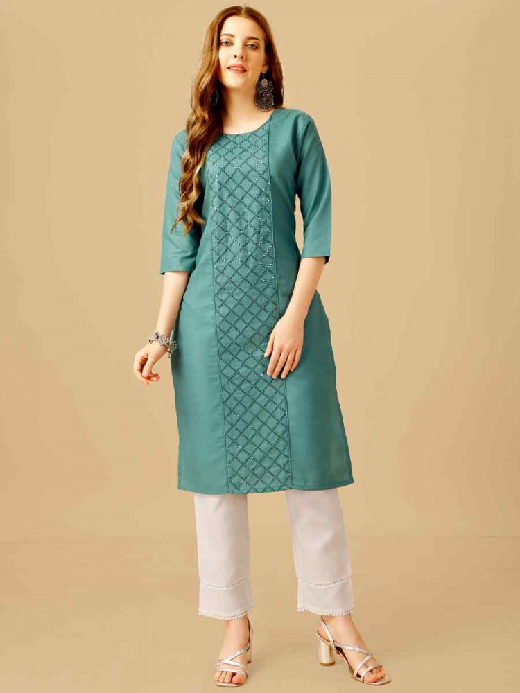 Teal Cotton Magic Slub Embroidered Festival Casual Kurti