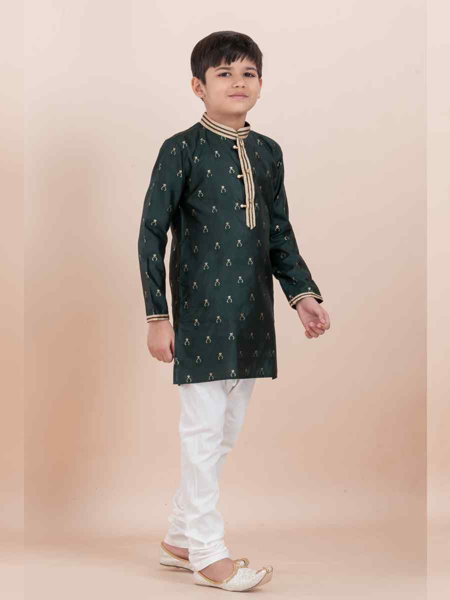 Teal Cotton Self Jacquard Embroidered Festival Traditional Kurta Pyjama Boys Wear