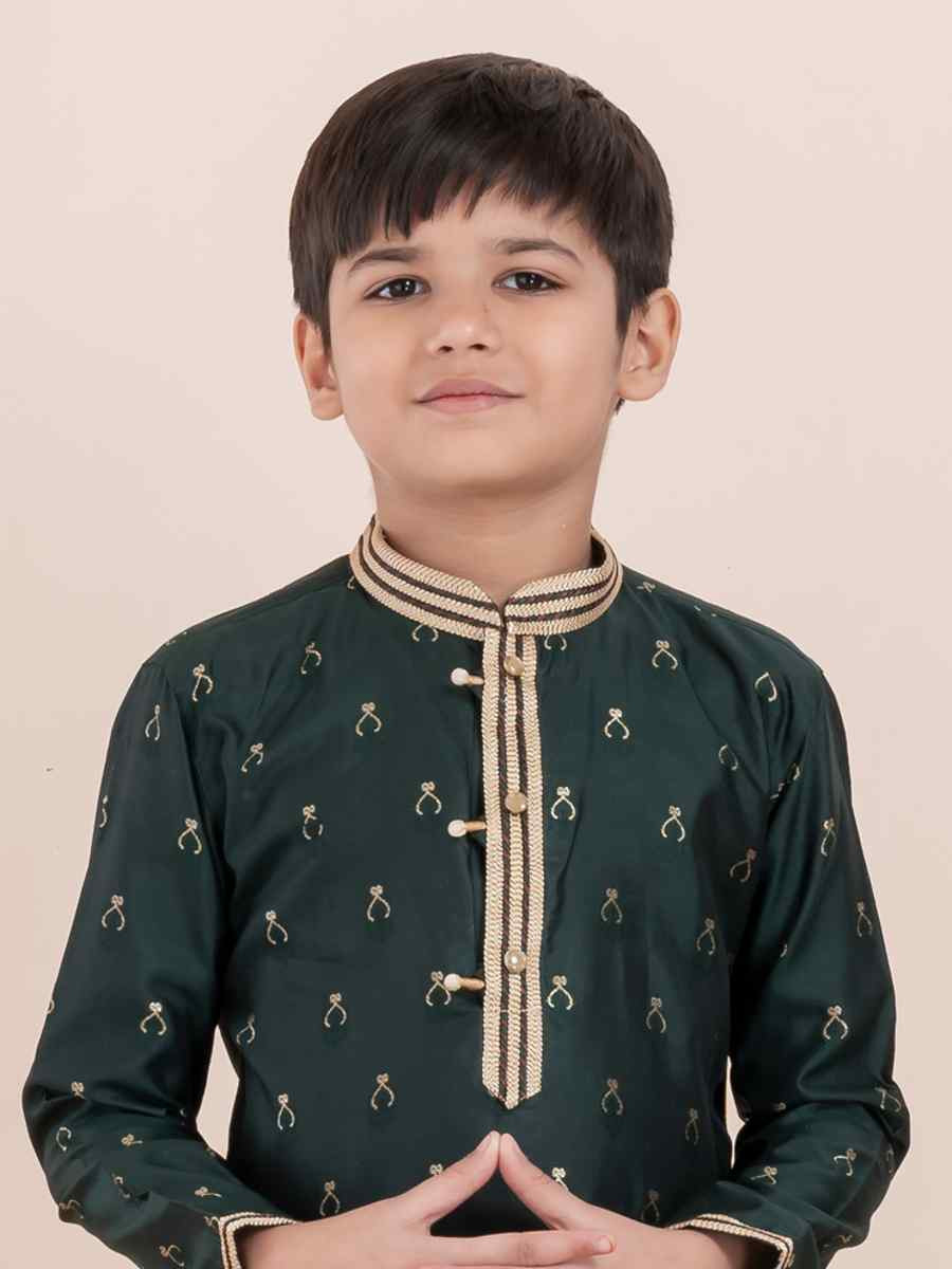 Teal Cotton Self Jacquard Embroidered Festival Traditional Kurta Pyjama Boys Wear
