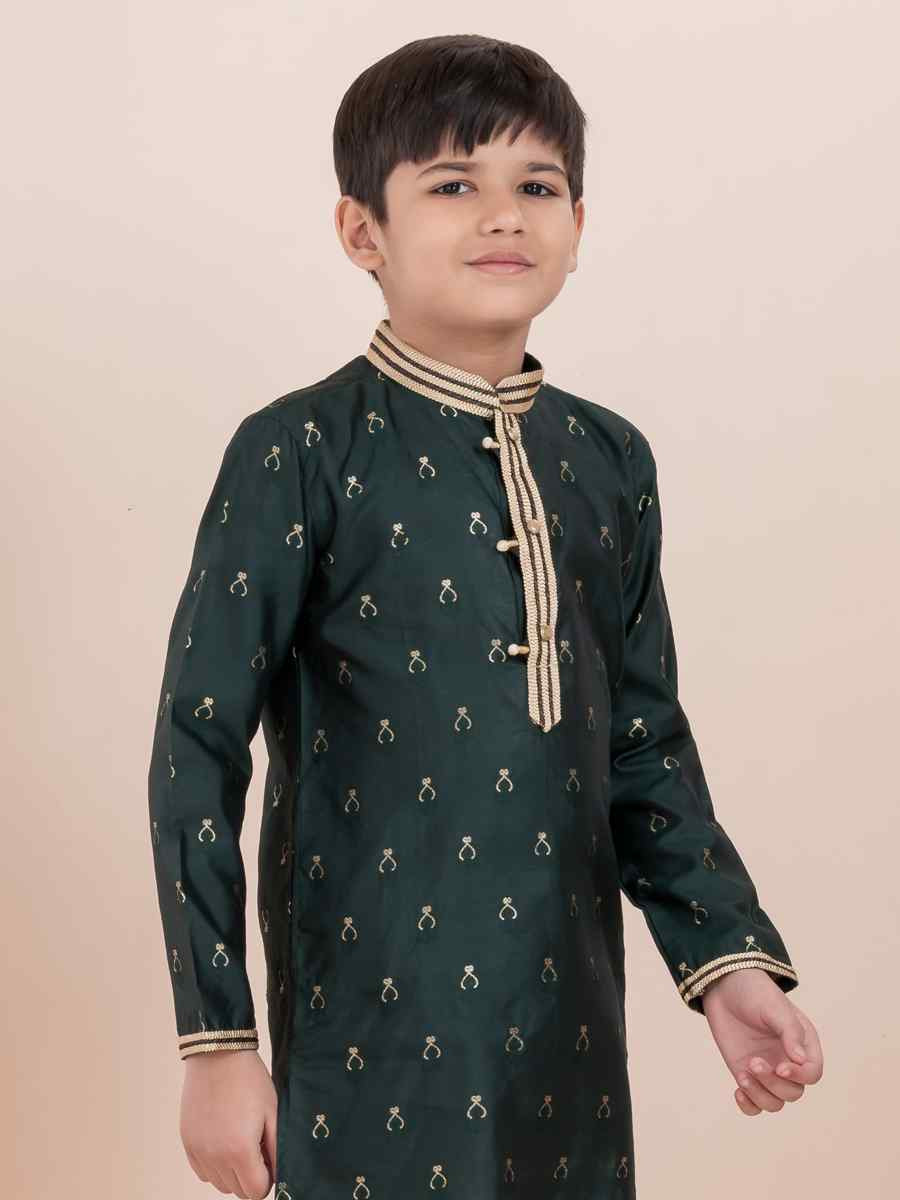 Teal Cotton Self Jacquard Embroidered Festival Traditional Kurta Pyjama Boys Wear