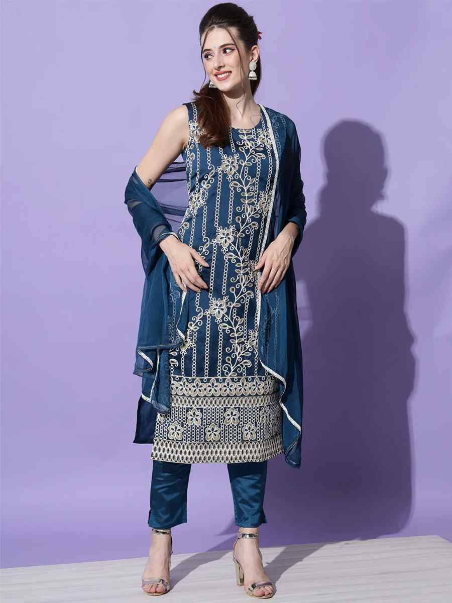 Teal Cotton Silk Blend  Embroidered Festival Party Ready Pant Salwar Kameez