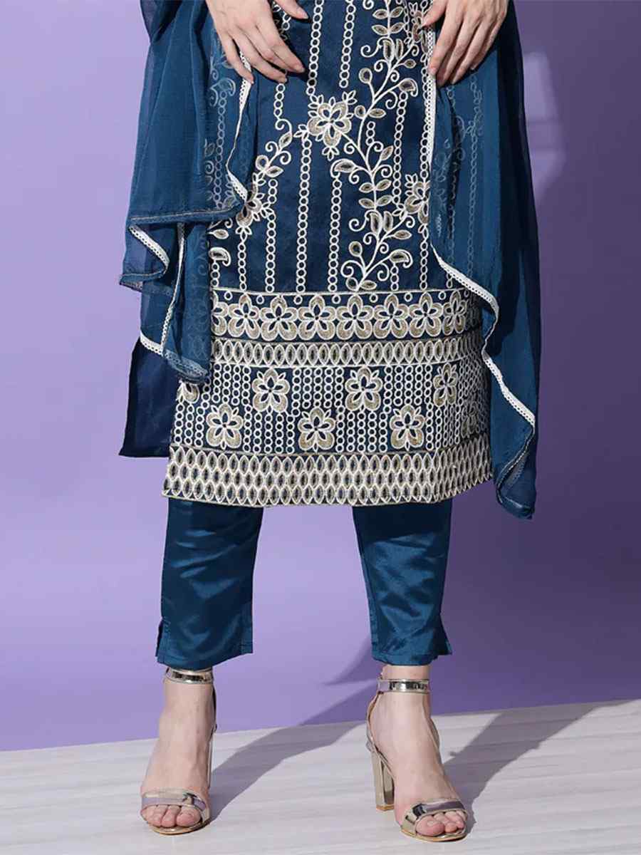 Teal Cotton Silk Blend  Embroidered Festival Party Ready Pant Salwar Kameez