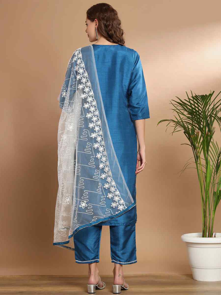 Teal Cotton Silk Blend Embroidered Festival Casual Ready Pant Salwar Kameez