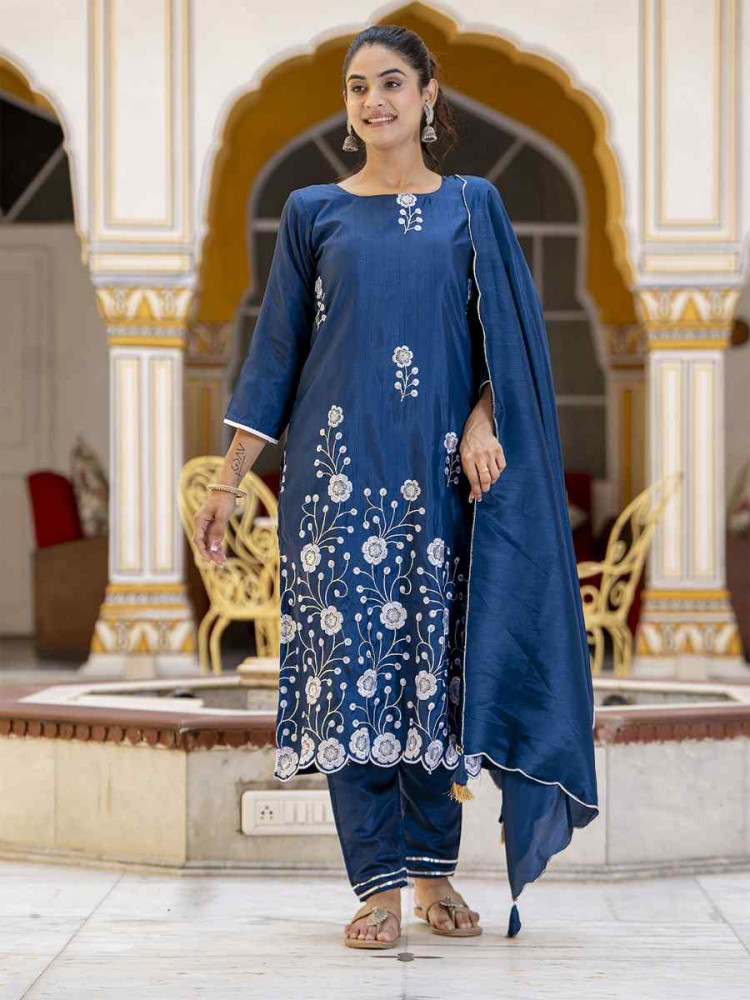Image of Teal Cotton Silk Blend Embroidery Party Wedding Festival Casual Ready Pant Salwar Kameez