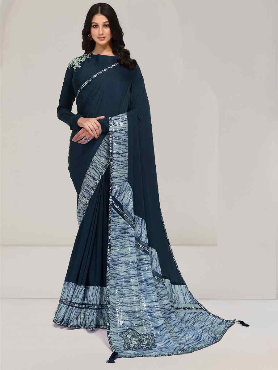 Teal Crepe Embroidered Festival Wedding Fancy Heavy Border Saree