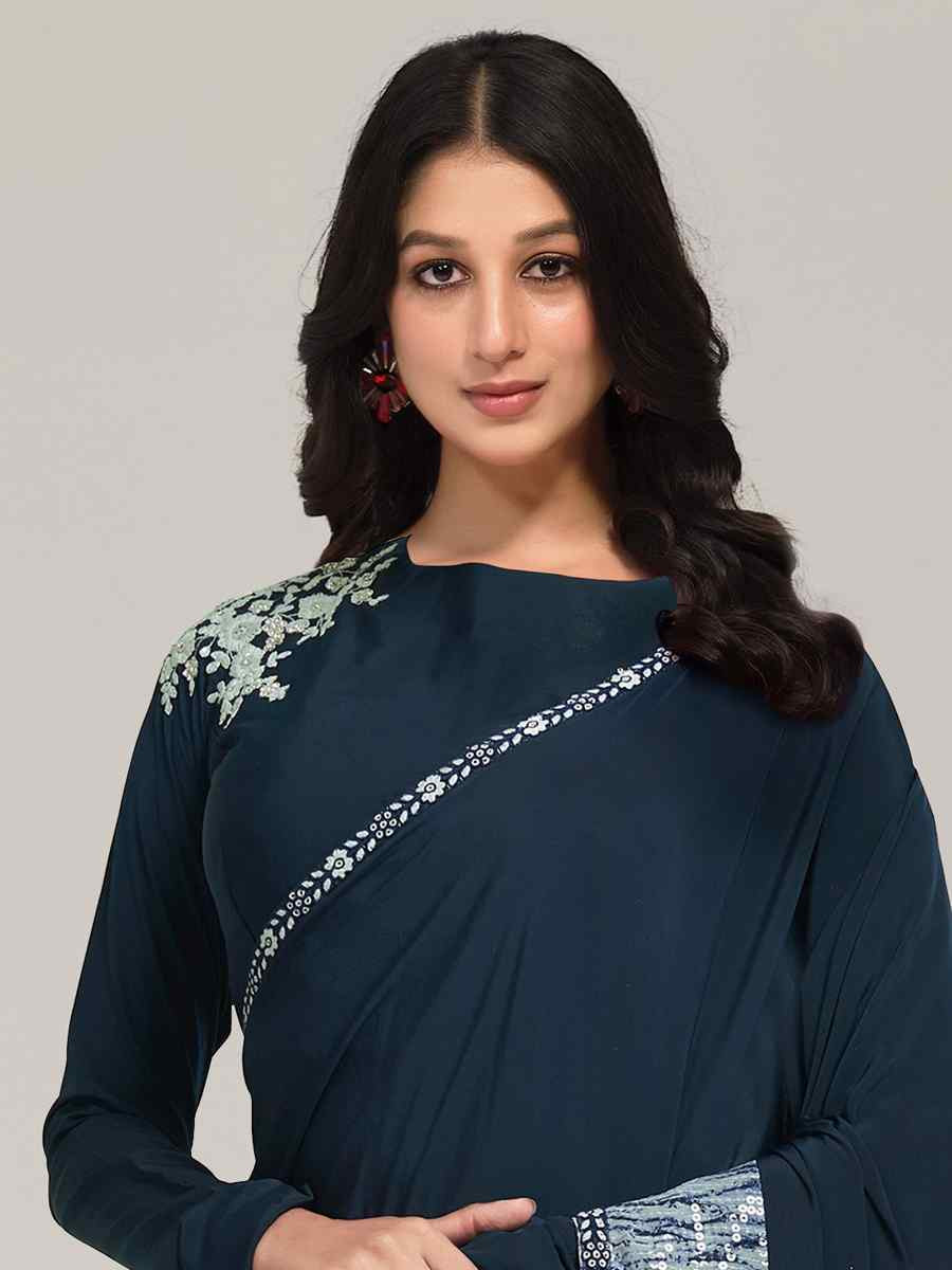 Teal Crepe Embroidered Festival Wedding Fancy Heavy Border Saree