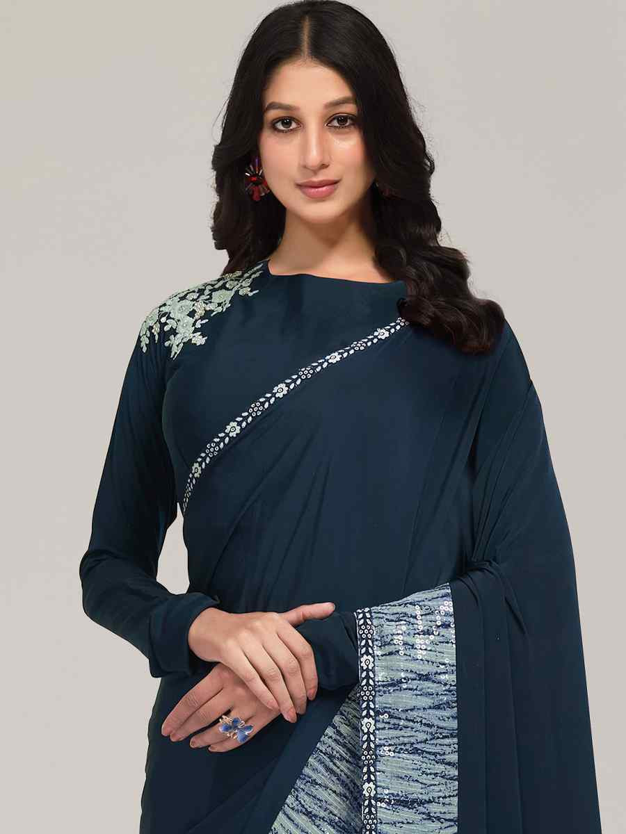 Teal Crepe Embroidered Festival Wedding Fancy Heavy Border Saree