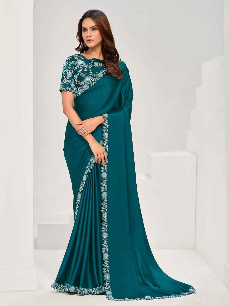 Teal Crepe Satin Silk Embroidered Festival Wedding Fancy Heavy Border Saree