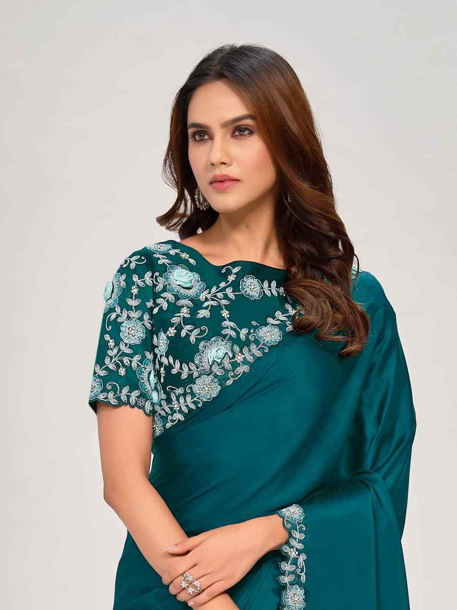 Teal Crepe Satin Silk Embroidered Festival Wedding Fancy Heavy Border Saree