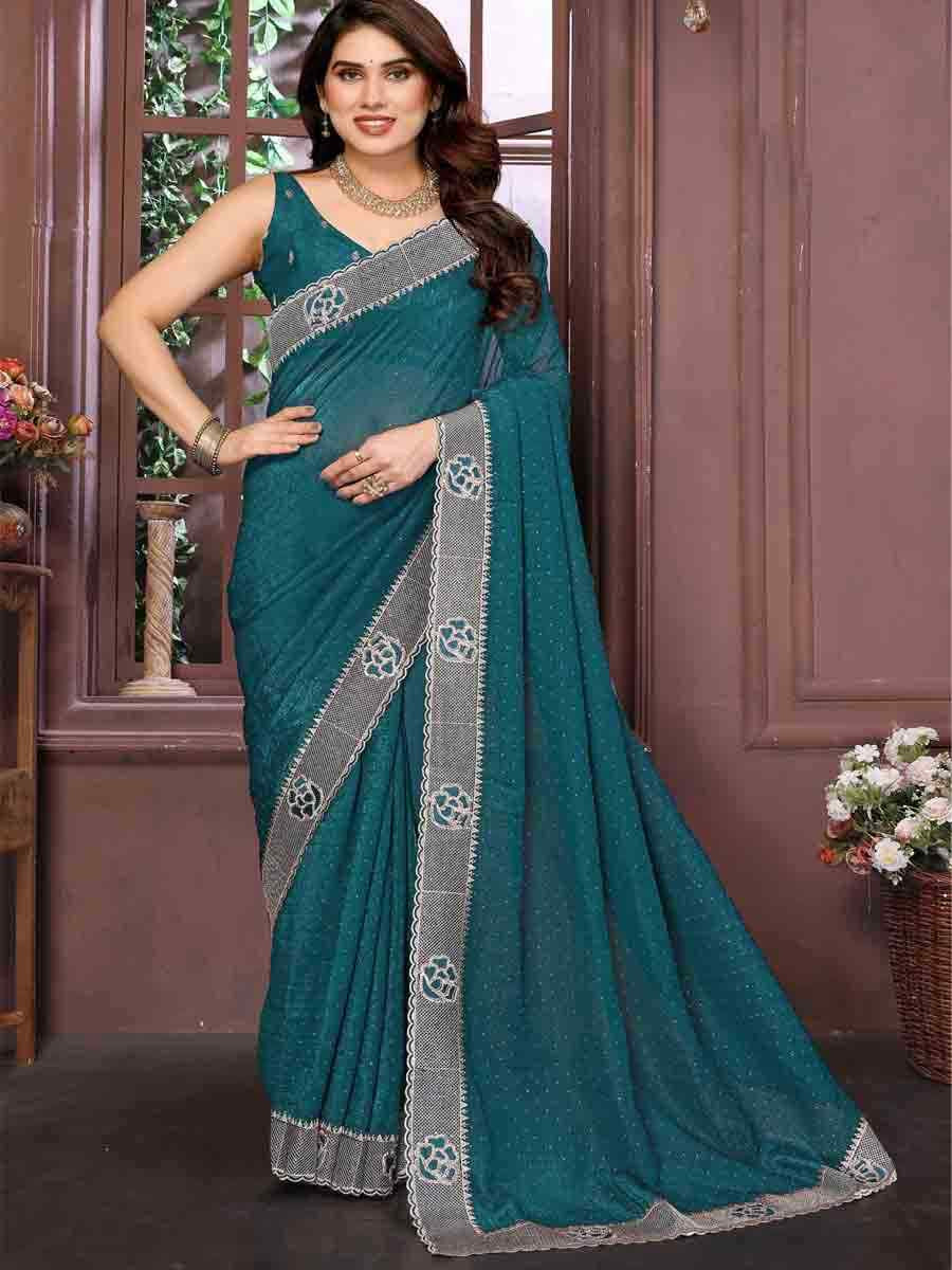 Teal Crunchy Silk Embroidered Festival Wedding Fancy Heavy Border Saree