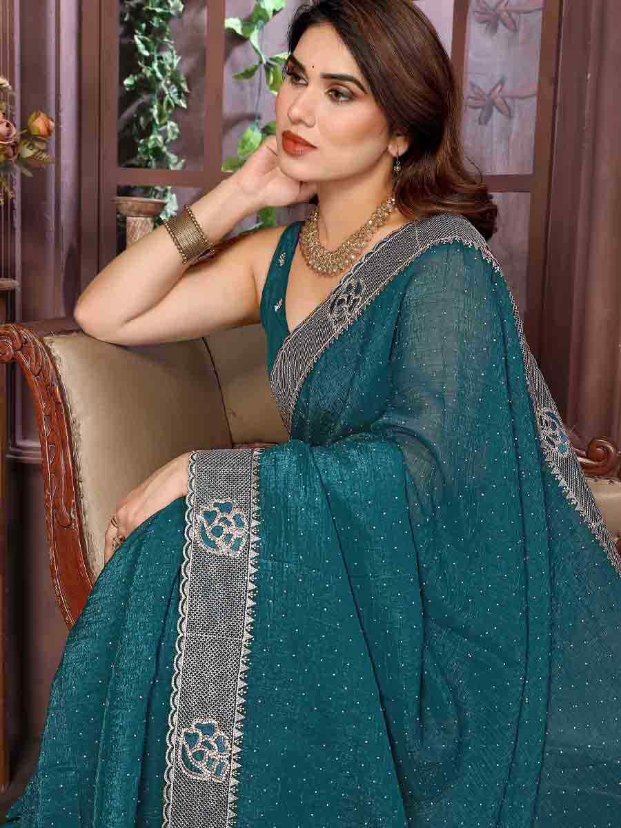 Teal Crunchy Silk Embroidered Festival Wedding Fancy Heavy Border Saree