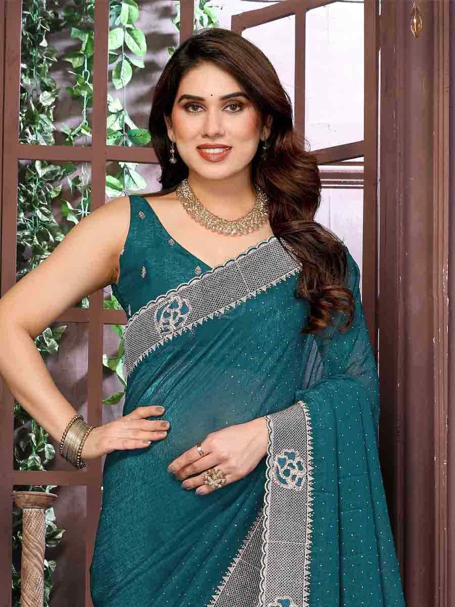 Teal Crunchy Silk Embroidered Festival Wedding Fancy Heavy Border Saree