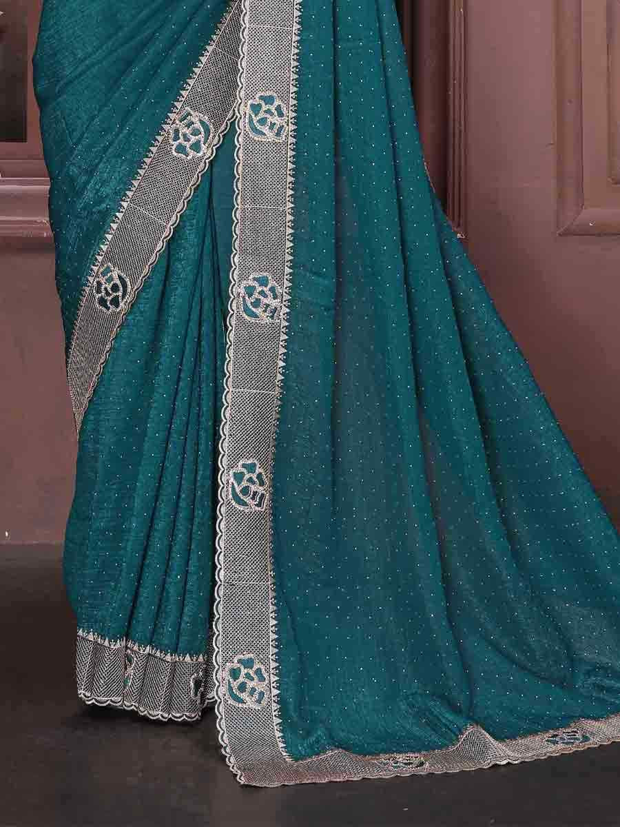 Teal Crunchy Silk Embroidered Festival Wedding Fancy Heavy Border Saree