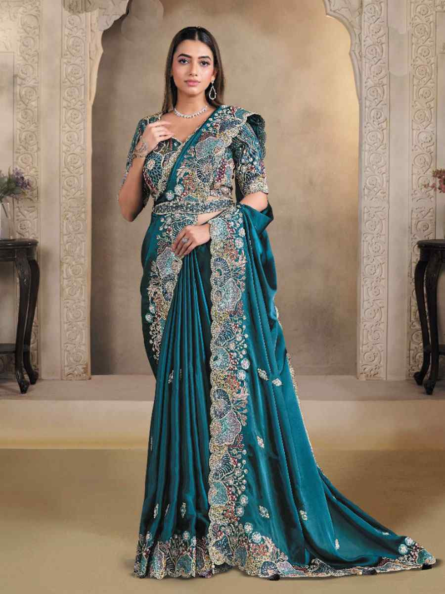 Teal Crush Satin Silk Embroidery Festival Wedding Fancy Heavy Border Saree