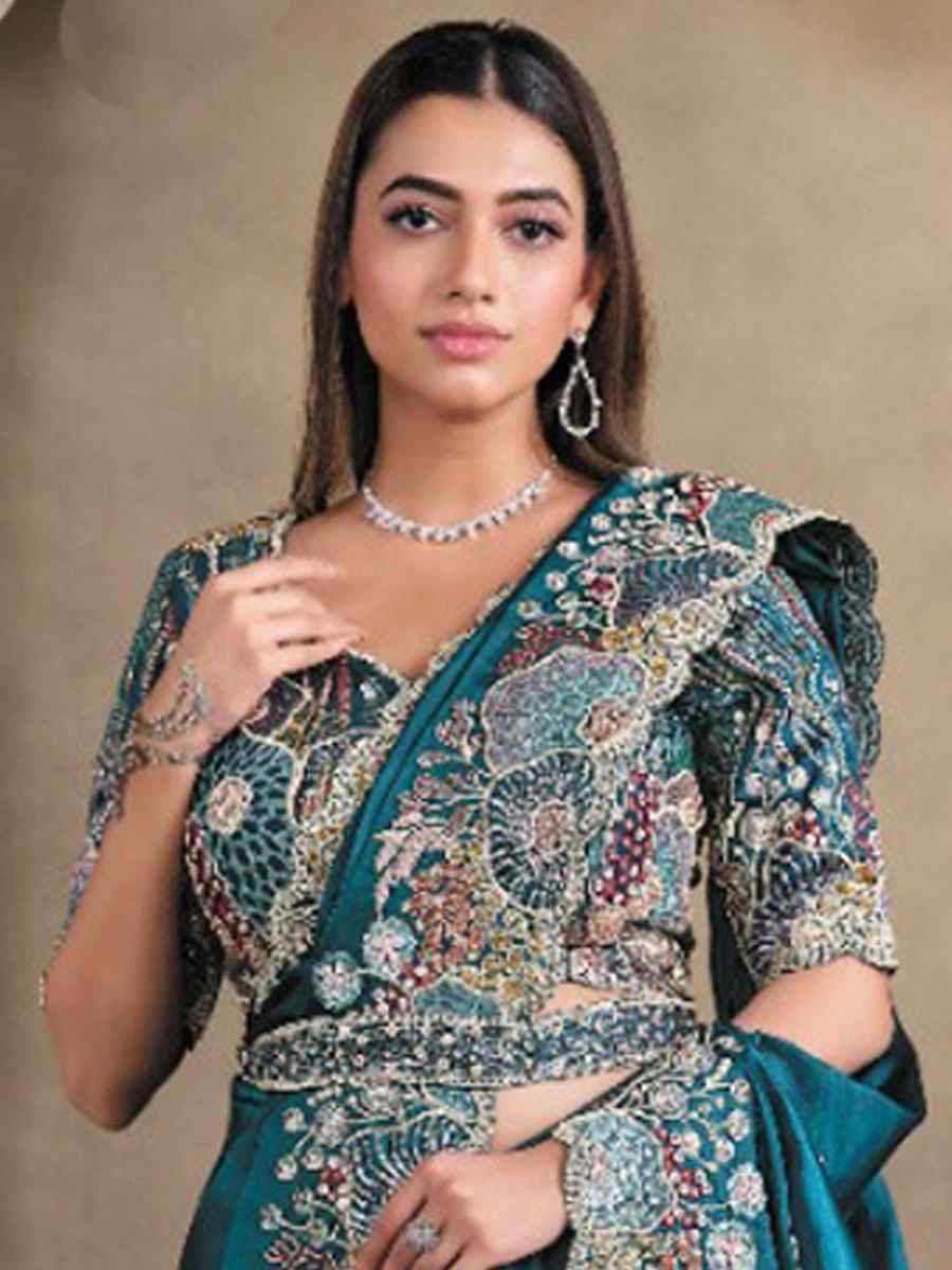 Teal Crush Satin Silk Embroidery Festival Wedding Fancy Heavy Border Saree
