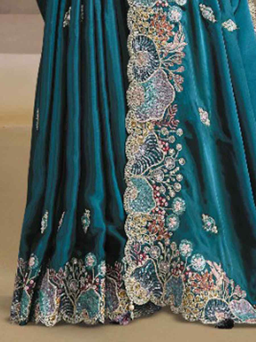 Teal Crush Satin Silk Embroidery Festival Wedding Fancy Heavy Border Saree