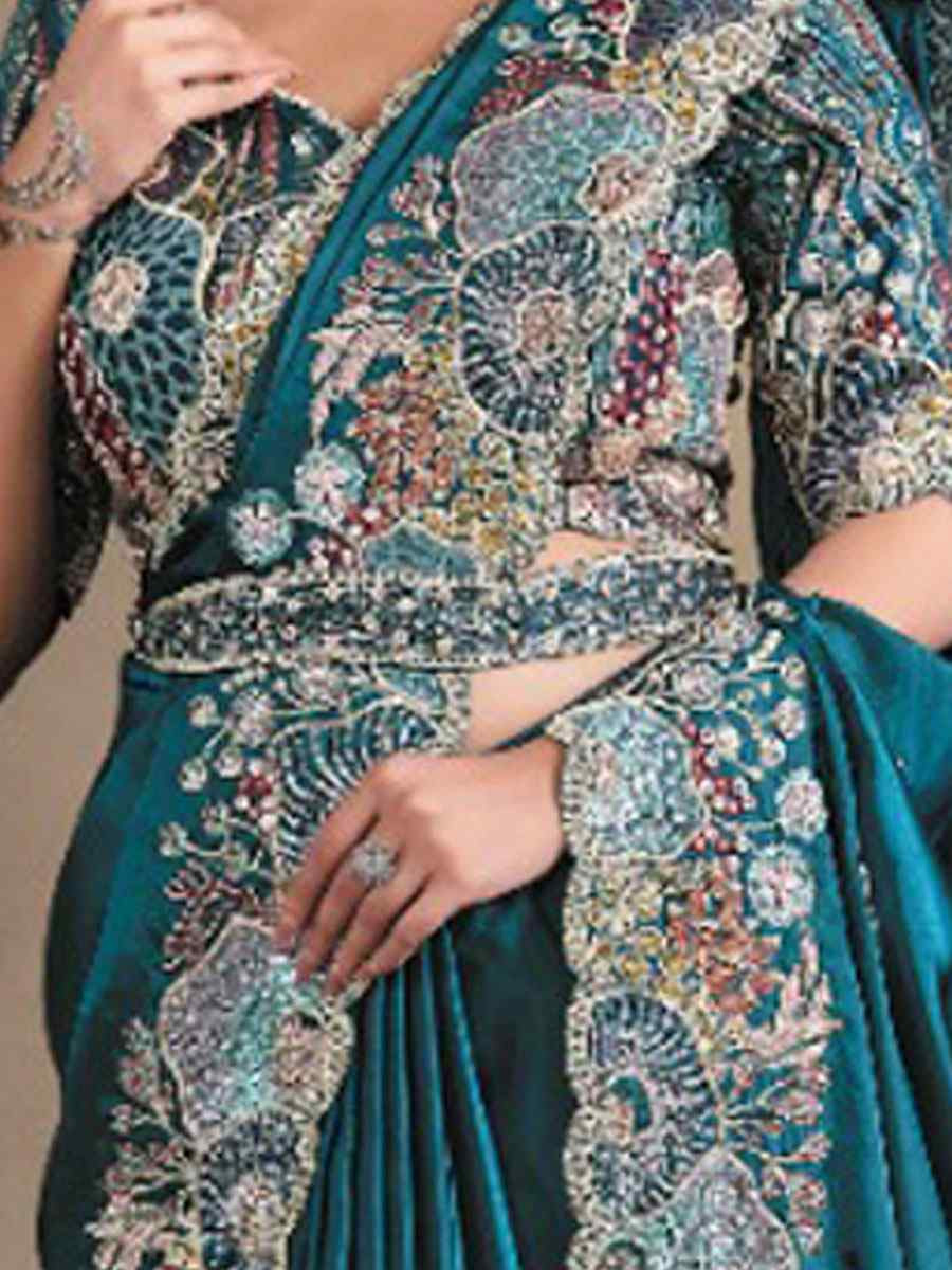 Teal Crush Satin Silk Embroidery Festival Wedding Fancy Heavy Border Saree